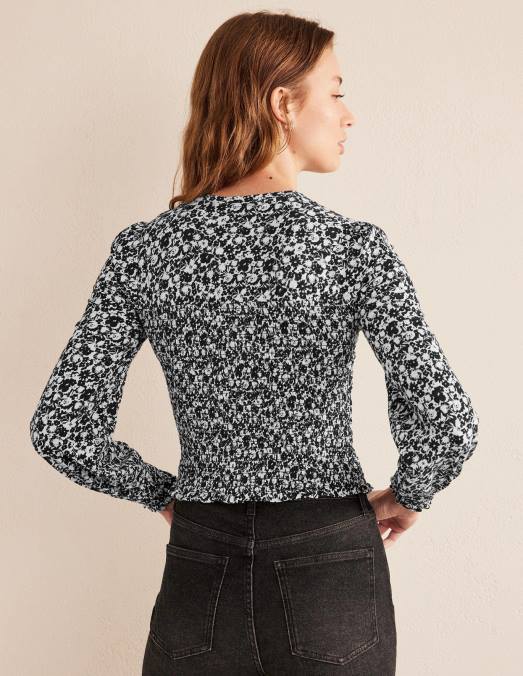 Boden vêtements floraison noire femmes haut en coton à corsage smocké LB2X1950