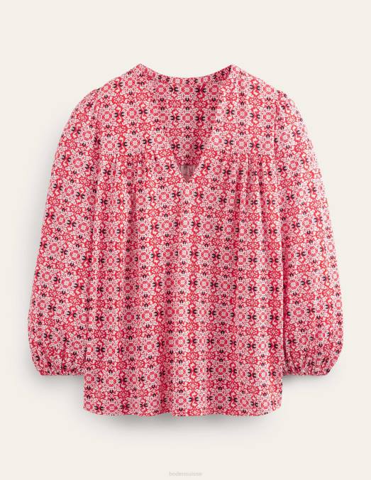 Boden vêtements géo tuile rouge femmes haut imprimé à col cranté LB2X2519