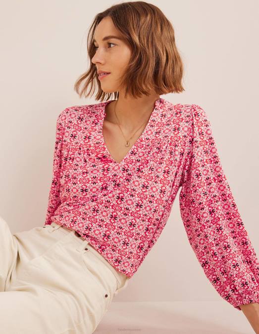 Boden vêtements géo tuile rouge femmes haut imprimé à col cranté LB2X2519