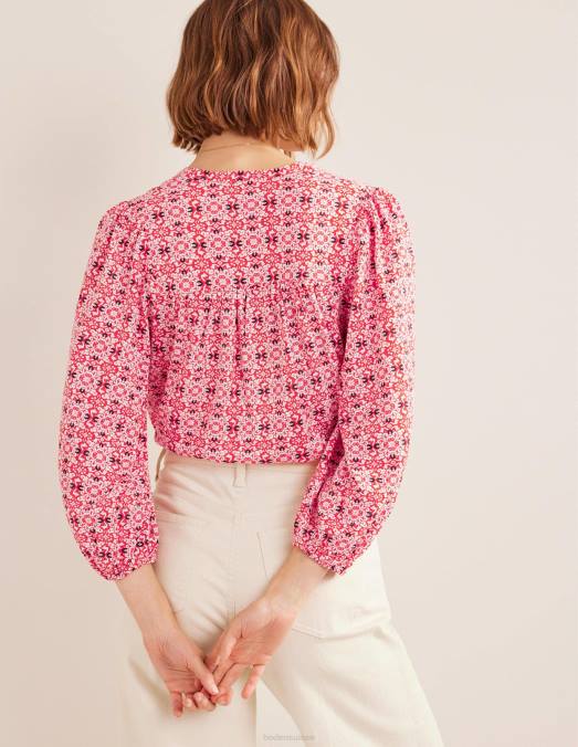Boden vêtements géo tuile rouge femmes haut imprimé à col cranté LB2X2519