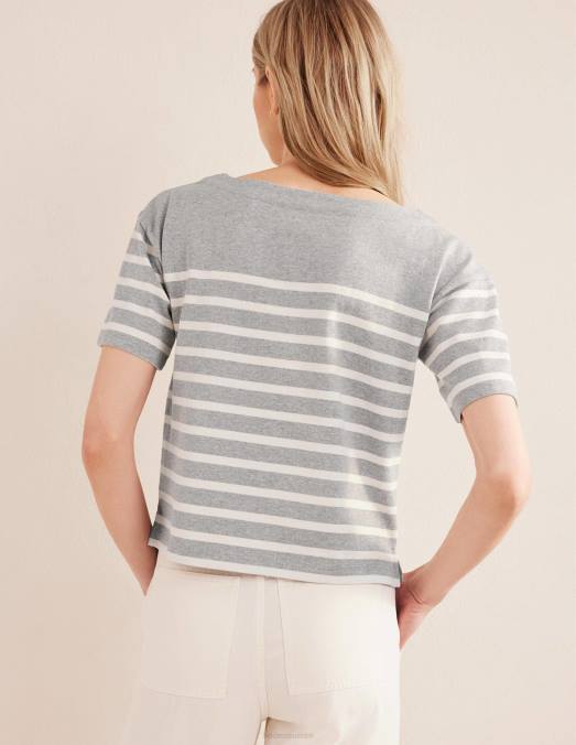 Boden vêtements gris chiné/rayure ivoire femmes t-shirt rayé à col bateau LB2X2195
