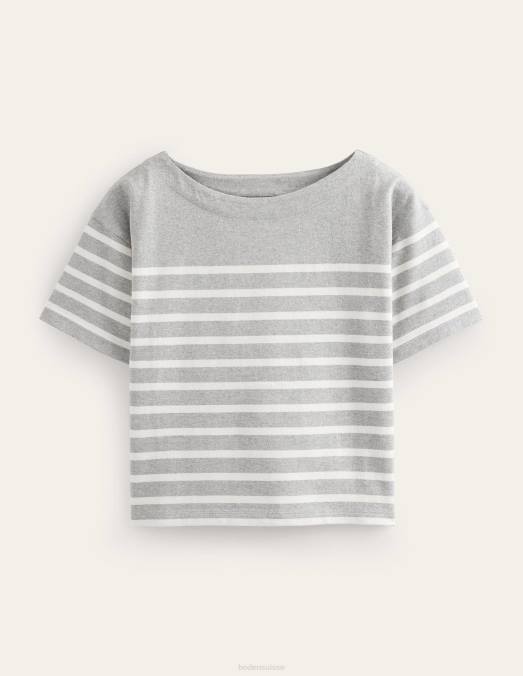 Boden vêtements gris chiné/rayure ivoire femmes t-shirt rayé à col bateau LB2X2195