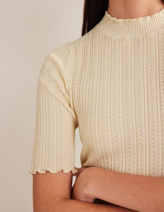 Boden vêtements ivoire chaud femmes haut côtelé à col montant en pointelle LB2X1828