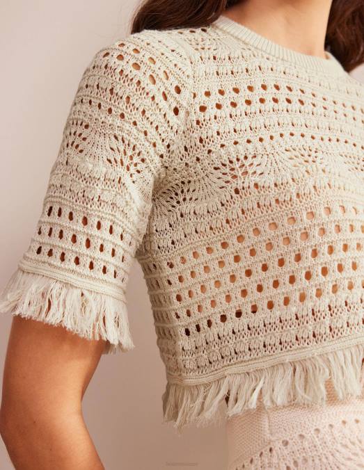 Boden vêtements ivoire chaud femmes t-shirt court au crochet à franges LB2X928