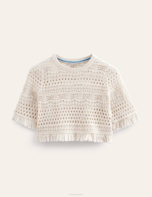 Boden vêtements ivoire chaud femmes t-shirt court au crochet à franges LB2X928