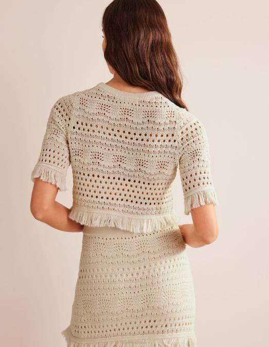 Boden vêtements ivoire chaud femmes t-shirt court au crochet à franges LB2X928