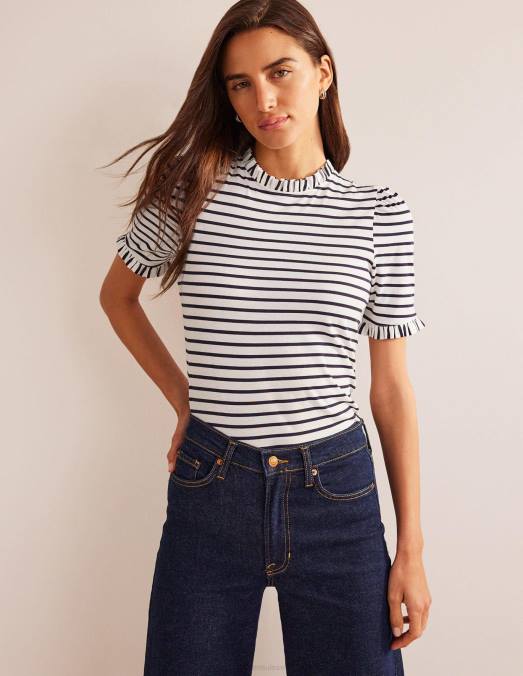 Boden vêtements ivoire et marine femmes t-shirt ultra doux à volants LB2X185