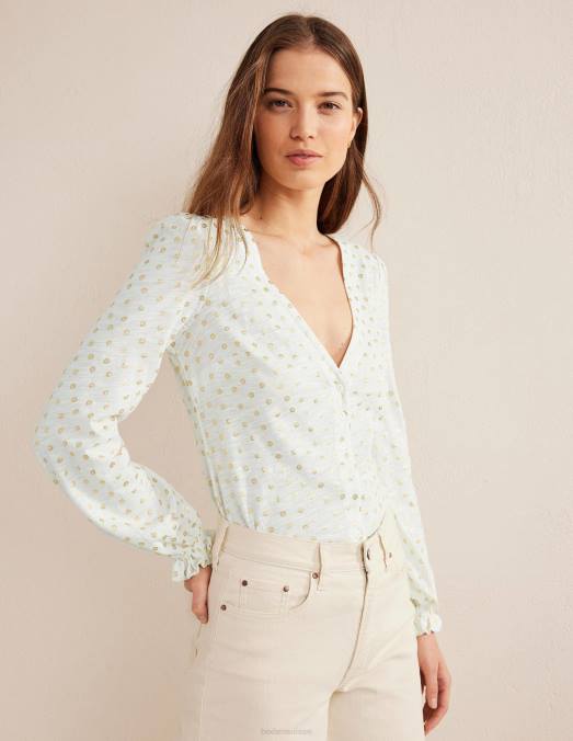 Boden vêtements ivoire et point floral femmes haut à col en V boutonné sur le devant LB2X2077