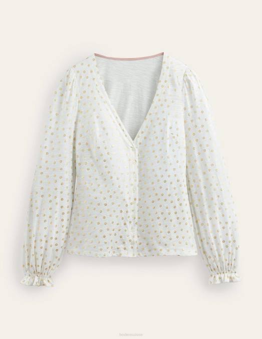 Boden vêtements ivoire et point floral femmes haut à col en V boutonné sur le devant LB2X2077