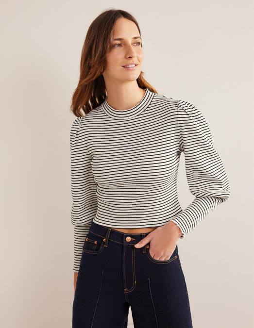 Boden vêtements ivoire/noir femmes haut côtelé à détails de manches LB2X1493