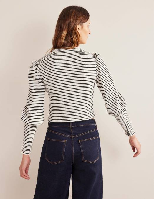 Boden vêtements ivoire/noir femmes haut côtelé à détails de manches LB2X1493