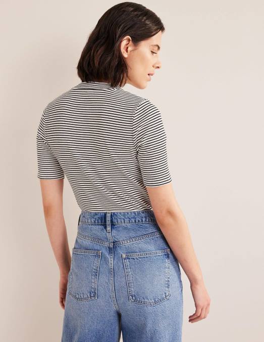 Boden vêtements ivoire/rayure noire femmes haut côtelé à col montant LB2X1568