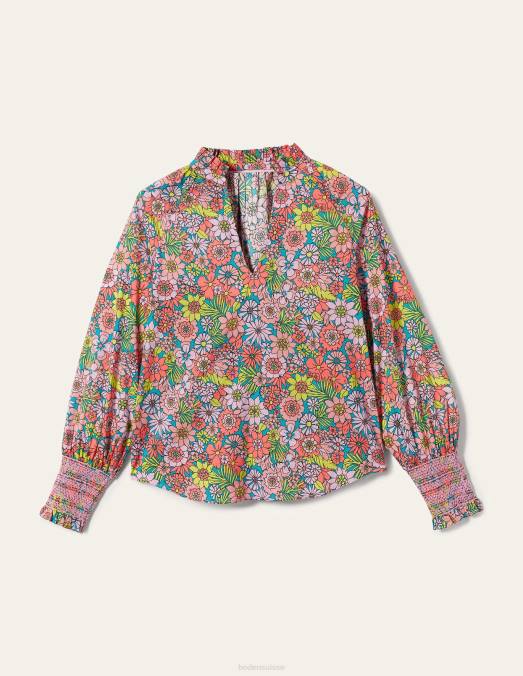 Boden vêtements jardin rose bonbon et fleuri femmes haut imprimé à poignets smockés LB2X1991