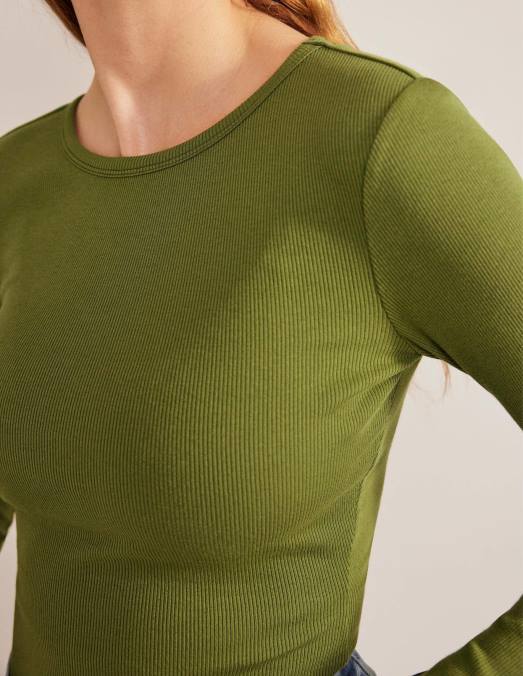 Boden vêtements kaki délavé femmes haut côtelé à manches longues en coton LB2X1798