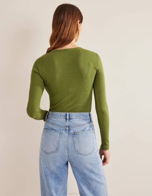 Boden vêtements kaki délavé femmes haut côtelé à manches longues en coton LB2X1798