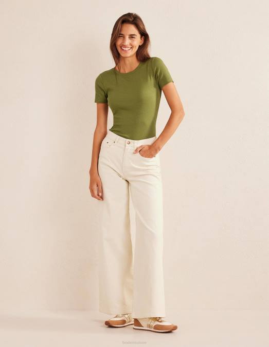 Boden vêtements kaki délavé femmes t-shirt côtelé en coton LB2X1869