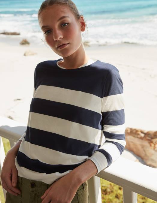 Boden vêtements large rayure marine/ivoire femmes bretonne bea manches longues LB2X2446