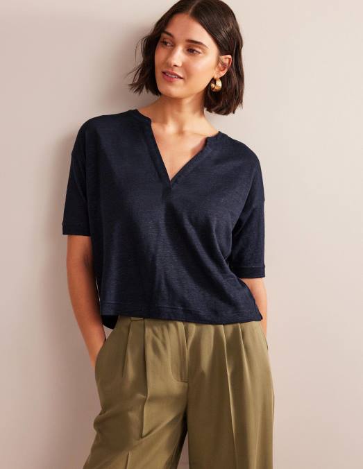 Boden vêtements marine femmes Henley en lin à col ouvert LB2X2197