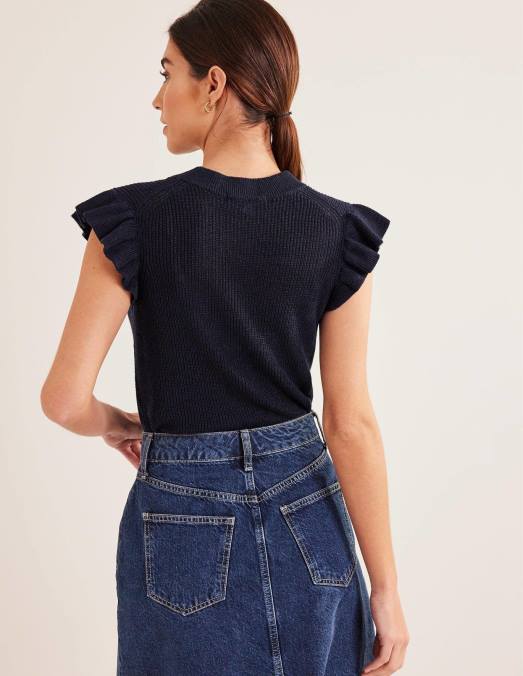 Boden vêtements marine femmes gilet en lin côtelé à volants LB2X1962