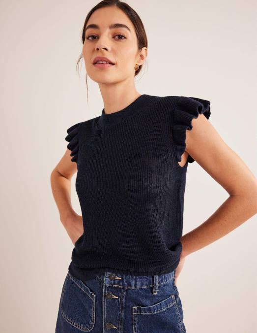 Boden vêtements marine femmes gilet en lin côtelé à volants LB2X1962