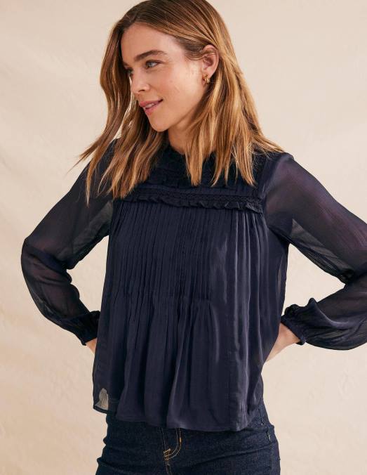 Boden vêtements marine femmes haut à bordure en georgette LB2X2184
