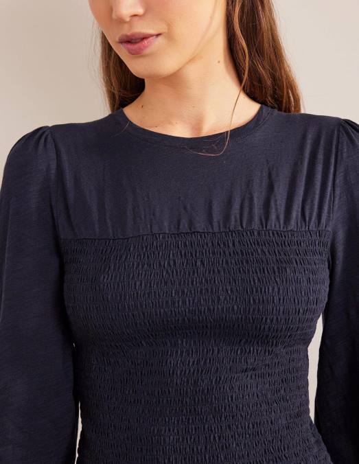 Boden vêtements marine femmes haut en coton à corsage smocké LB2X1663