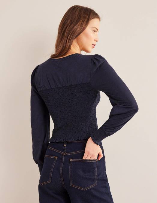 Boden vêtements marine femmes haut en coton à corsage smocké LB2X1663