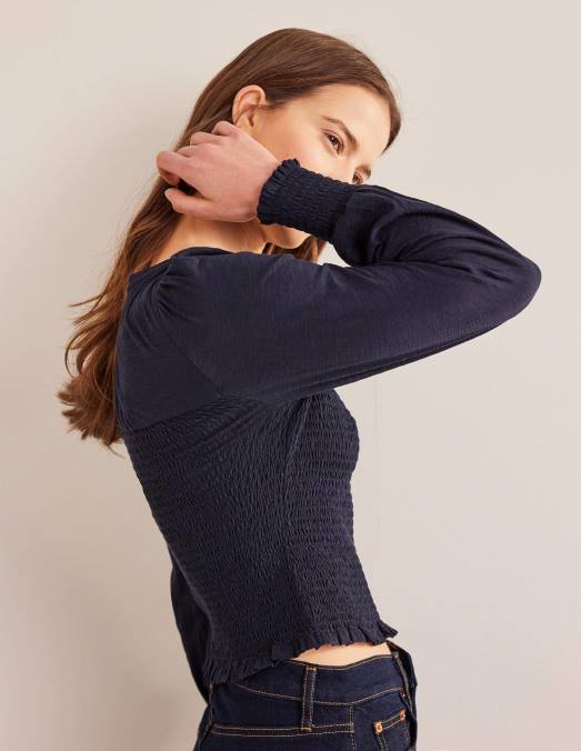 Boden vêtements marine femmes haut en coton à corsage smocké LB2X1663