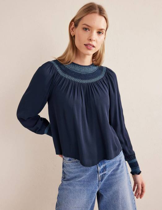 Boden vêtements marine femmes haut smocké à col rond LB2X1706