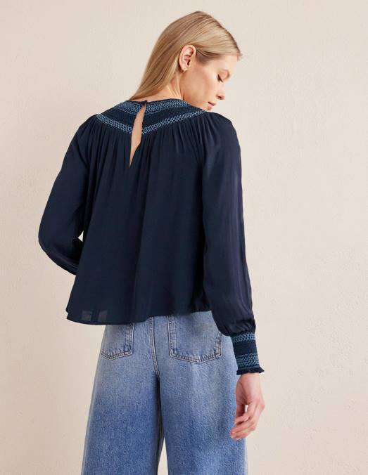 Boden vêtements marine femmes haut smocké à col rond LB2X1706