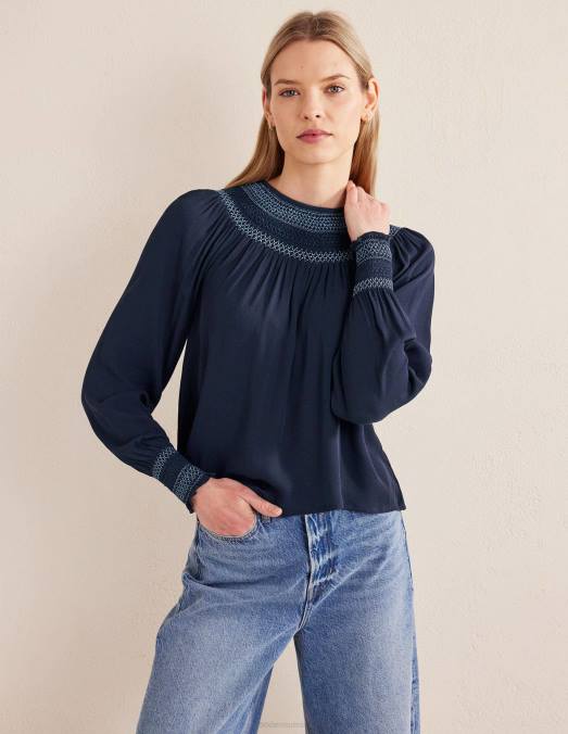 Boden vêtements marine femmes haut smocké à col rond LB2X1706