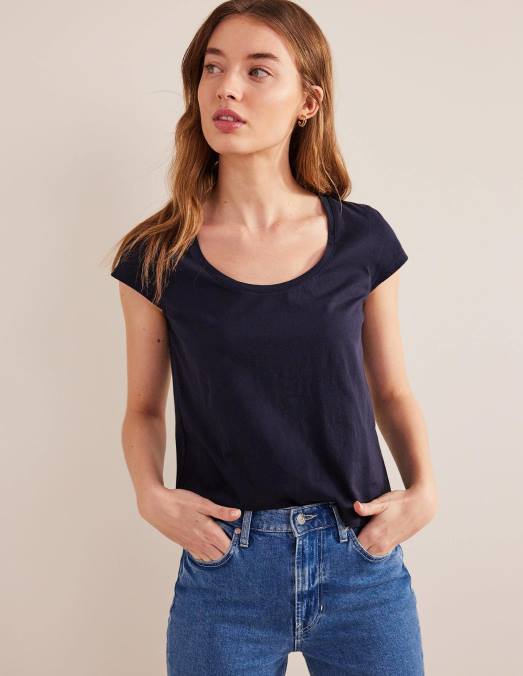 Boden vêtements marine femmes t-shirt à encolure dégagée en pur coton LB2X2529