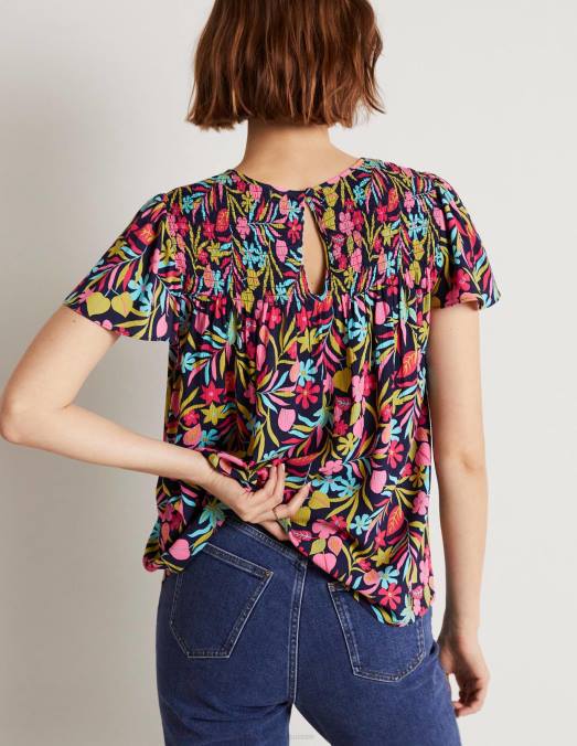 Boden vêtements marine française et feuillage tropical femmes haut smocké imprimé layla LB2X1972