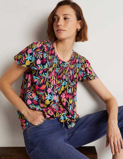 Boden vêtements marine française et feuillage tropical femmes haut smocké imprimé layla LB2X1972