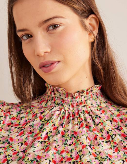 Boden vêtements multicolore et floral femmes haut imprimé à col smocké LB2X1561