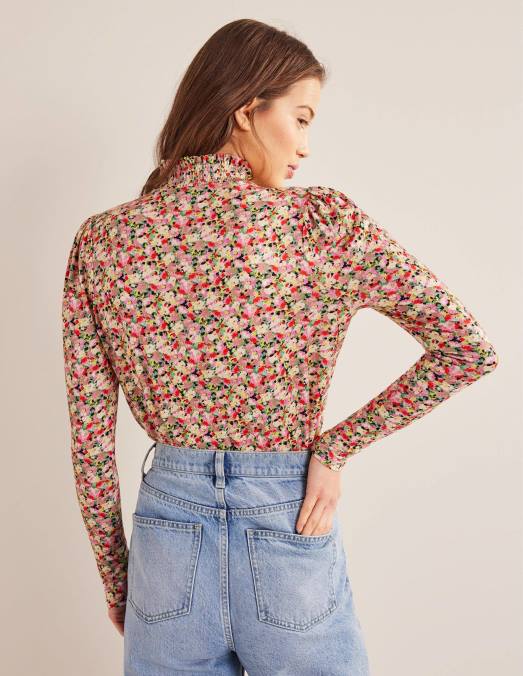 Boden vêtements multicolore et floral femmes haut imprimé à col smocké LB2X1561