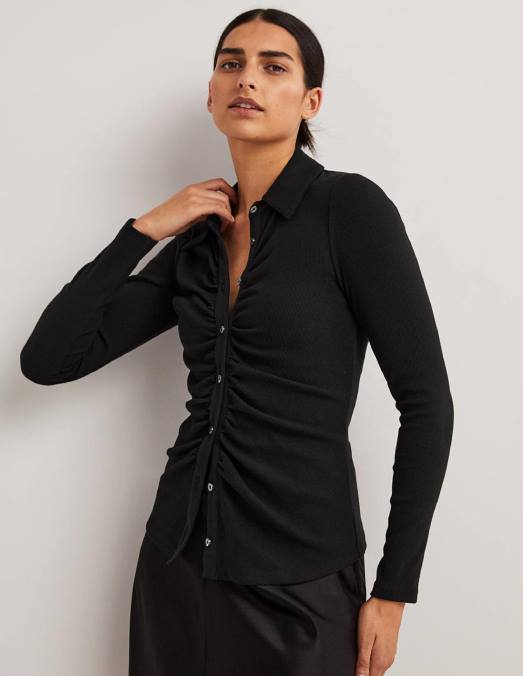 Boden vêtements noir femmes chemise en jersey froncée sur le devant LB2X157