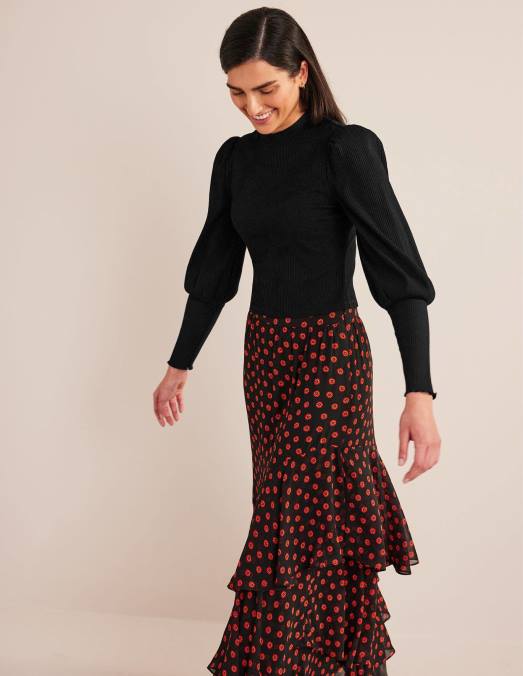 Boden vêtements noir femmes haut côtelé à détails de manches LB2X2591