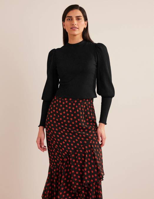 Boden vêtements noir femmes haut côtelé à détails de manches LB2X2591