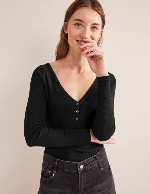 Boden vêtements noir femmes haut côtelé henley LB2X1827