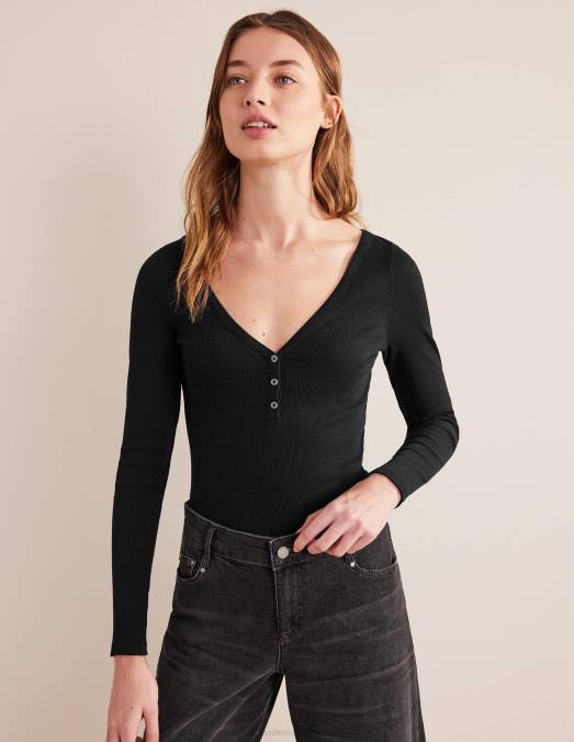 Boden vêtements noir femmes haut côtelé henley LB2X1827