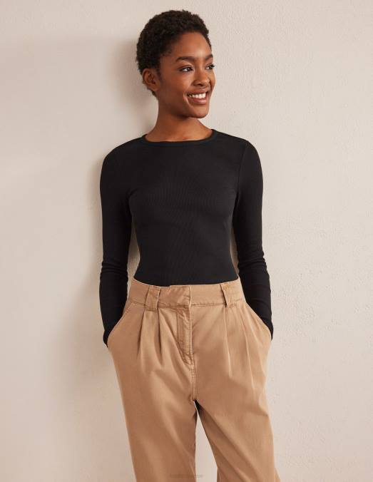 Boden vêtements noir femmes haut côtelé à manches longues en coton LB2X166