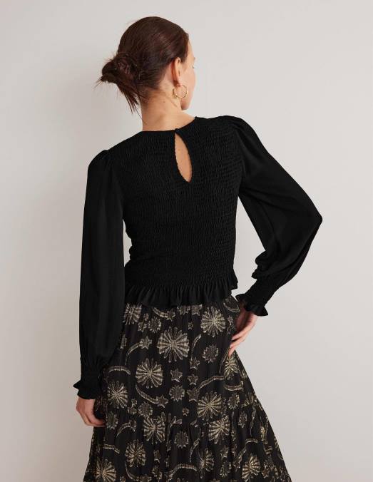 Boden vêtements noir femmes haut à corsage smocké à col rond LB2X1978