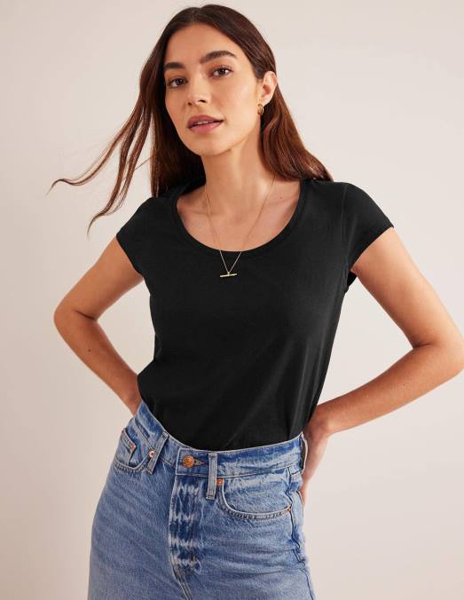 Boden vêtements noir femmes t-shirt à encolure dégagée en pur coton LB2X1796