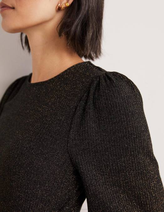 Boden vêtements noir/or scintillant femmes haut métallisé à manches blousantes LB2X2013