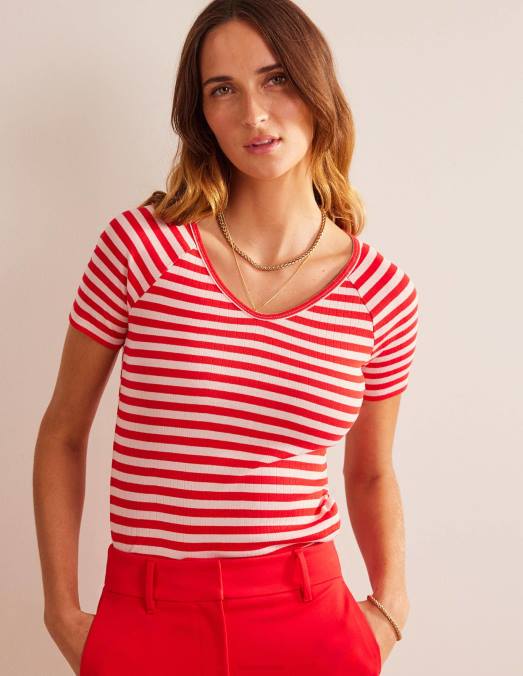 Boden vêtements peau de pêche et rayures de piment fort femmes t-shirt côtelé à col en V Anna LB2X196