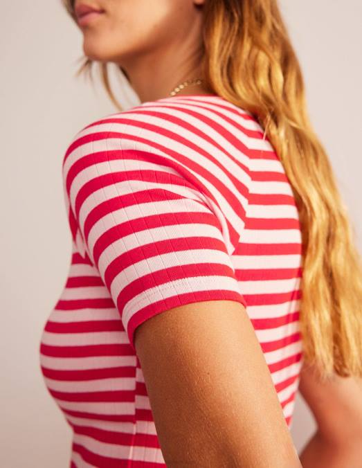 Boden vêtements peau de pêche et rayures de piment fort femmes t-shirt côtelé à col en V Anna LB2X196