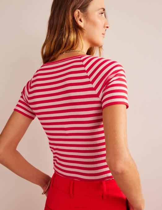 Boden vêtements peau de pêche et rayures de piment fort femmes t-shirt côtelé à col en V Anna LB2X196