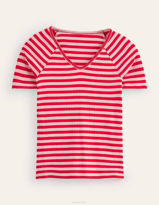 Boden vêtements peau de pêche et rayures de piment fort femmes t-shirt côtelé à col en V Anna LB2X196