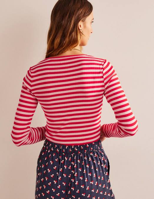 Boden vêtements peau de pêche et rayures de piment fort femmes t-shirt ras du cou côtelé Anna LB2X194